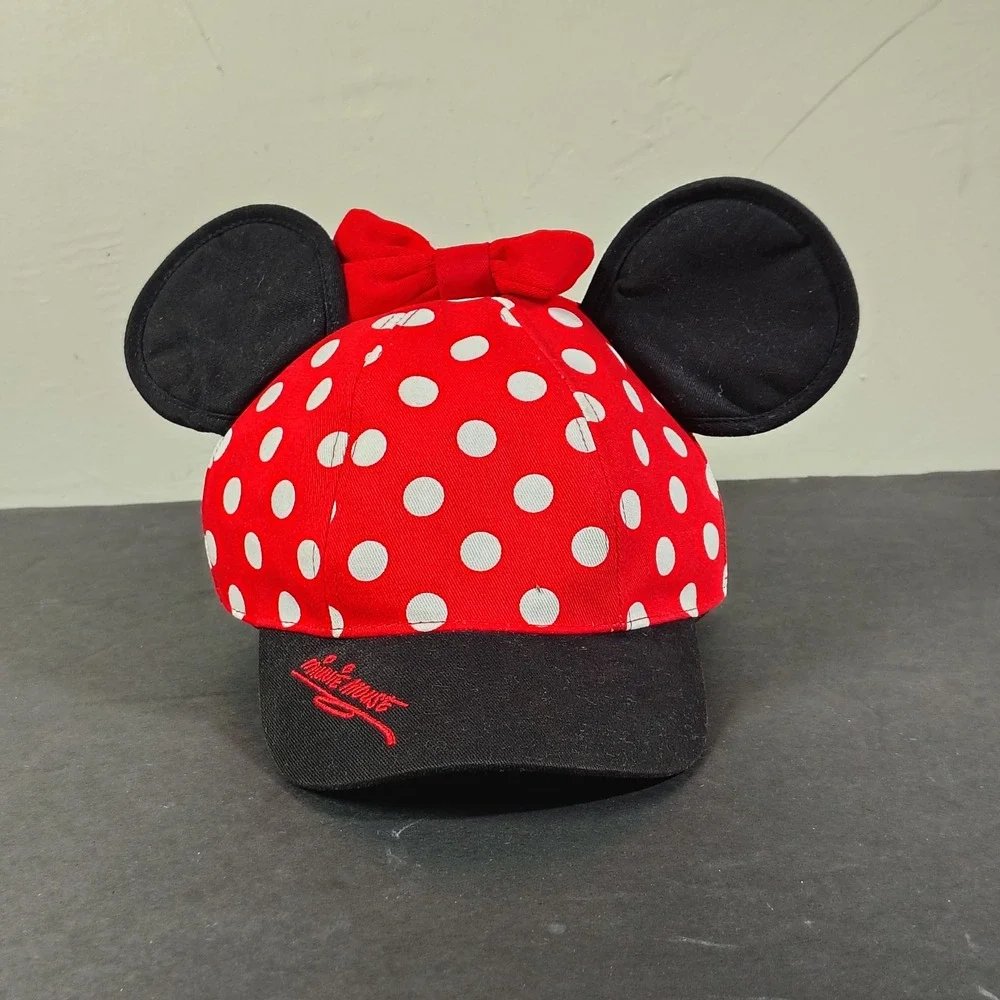 Disney Minnie Mouse Hat Girls Red Polka Dot Ears Bow Disneyland Snapback